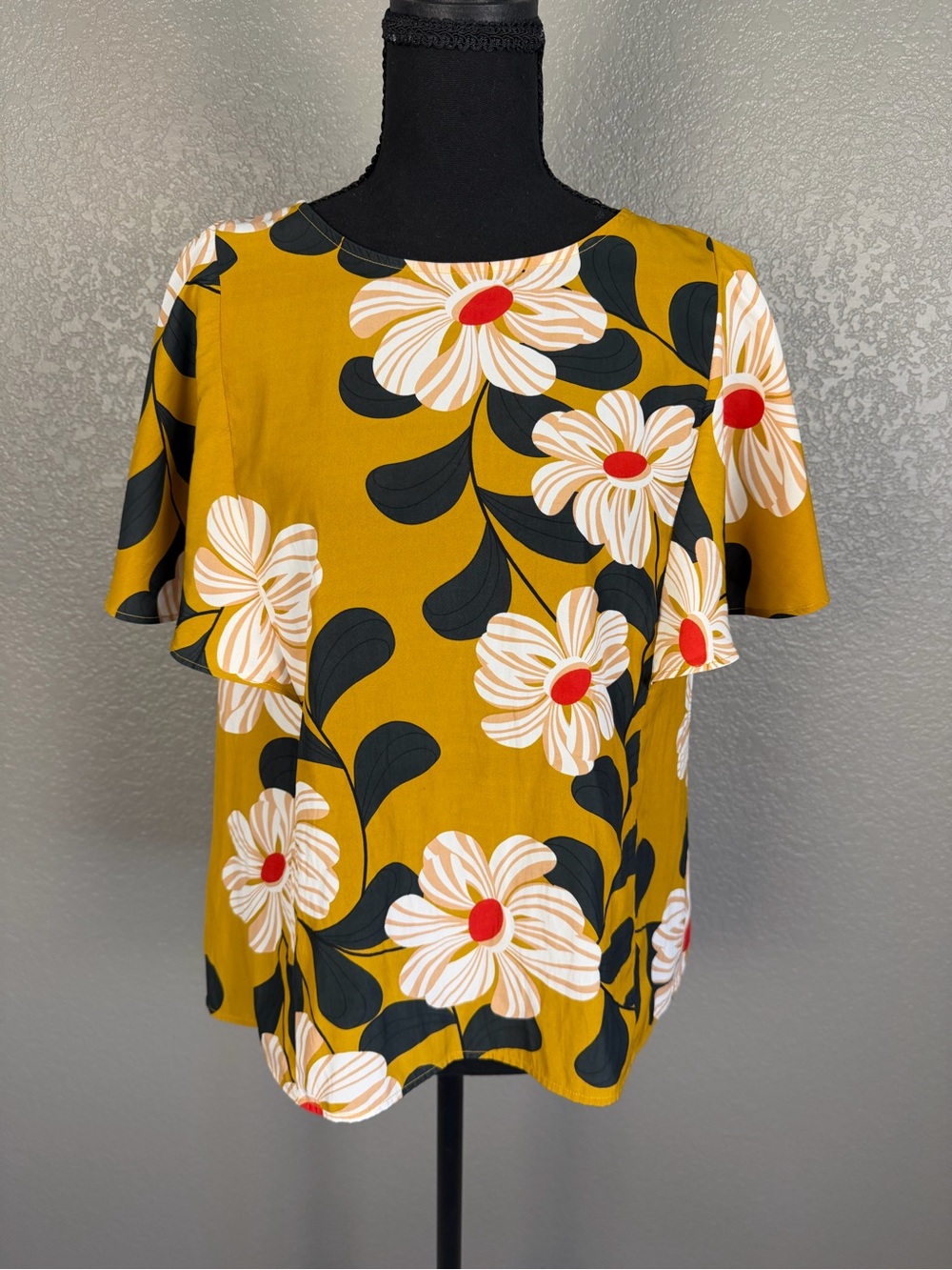 Eva Franco Mustard Floral Short Sleeve Blouse from Anthropologie